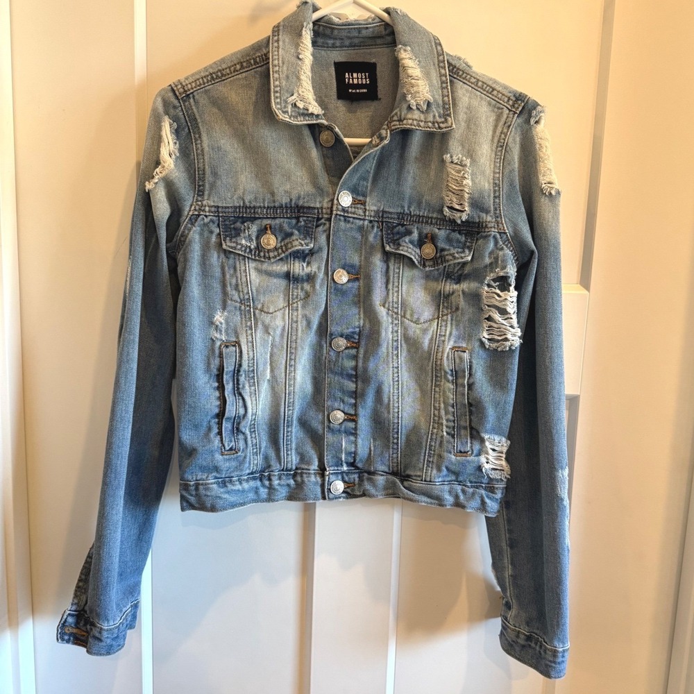 Almost Famous Distressed‎ Denim Jacket Women Blue Trucker Style Size S